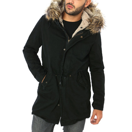 Fur Hooded Parka Jacket // Nero (S)