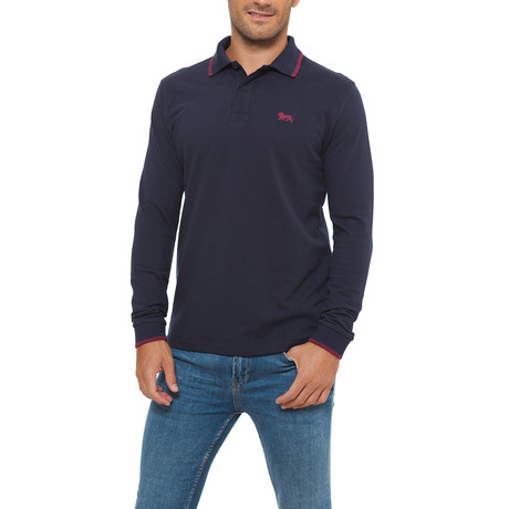 Pique Long-Sleeve Polo // Dark Blue + Amaranto (S)