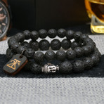 Lava Rock + Silver Buddha Bracelet // Set of 2