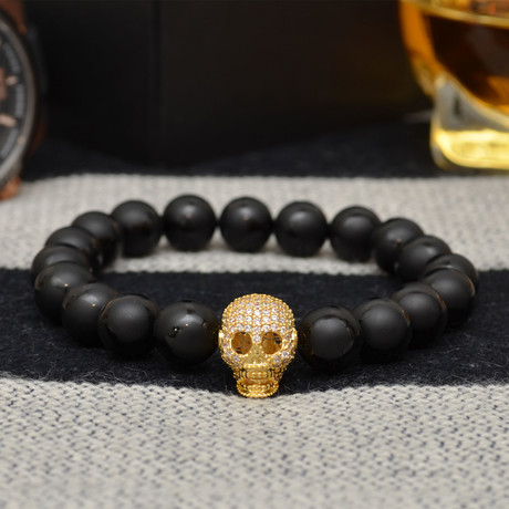 Black Onyx and Gold Cubic Zirconia Skull