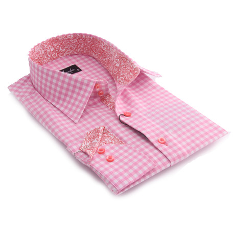Amedeo Exclusive // Reversible Cuff Button-Up Shirt // Pink + White Checkered + Reversible Paisley (S)