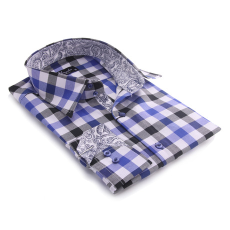 Reversible Cuff Button-Up Shirt // Blue Checkered + Reversible Paisley (S)