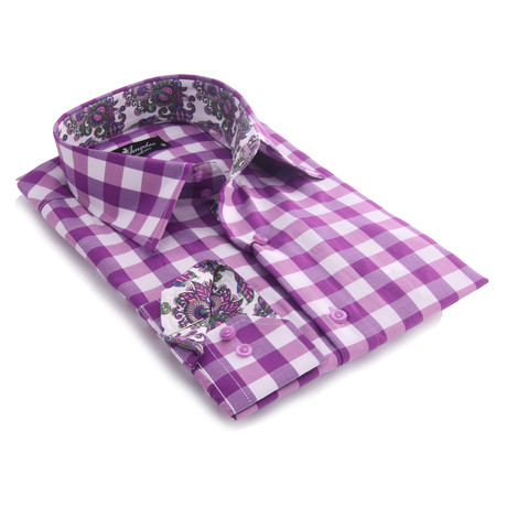 Reversible Cuff Button-Up Shirt // Purple + White Checkered + Colorful Paisley (XL)