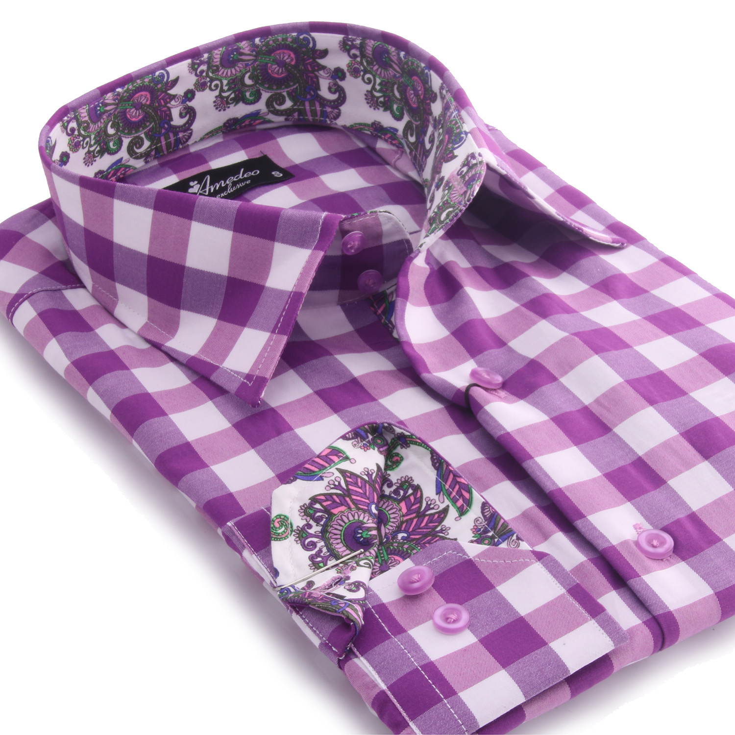 Reversible Cuff Button-Up Shirt // Purple + White Checkered + Colorful ...