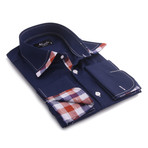 Reversible Cuff French Cuff Shirt // Navy Blue + Colorful Check (M)