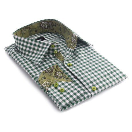 Premium Reversible Cuff Button-Down Shirt // Green + White Check W/ Reversible Paisley (S)