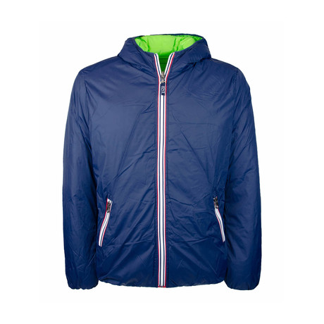 Reversible Hooded Quilted Puffer Jacket // Blue + Lime (S)