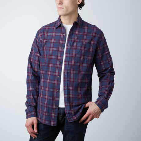 Long-Sleeve Yarn-Dyed Plaid Shirt // Blue + Burgundy (S)