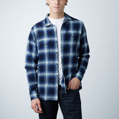 Long-Sleeve Yarn-Dyed Plaid Shirt // Navy + Tan (S)