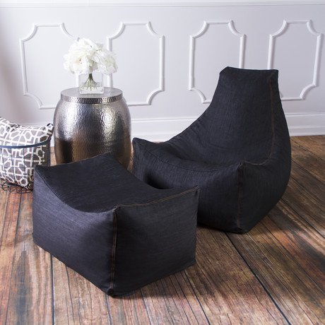 Denim Juniper Bean Bag Chair + Ottoman (Black)