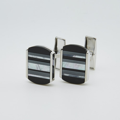 Deco Lines Rounded Rectangle Cufflink // White + Grey