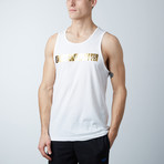 Ultra Soft Semi-Fitted Bar Graphic Tank // White + Gold Print (M)