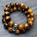 Tiger Eye Stainless Steel Skull Bead Bracelets // Set of 2