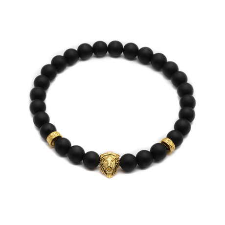 Lion Head Bracelet + Tribal Stoppers // Black Onyx + Gold (6)