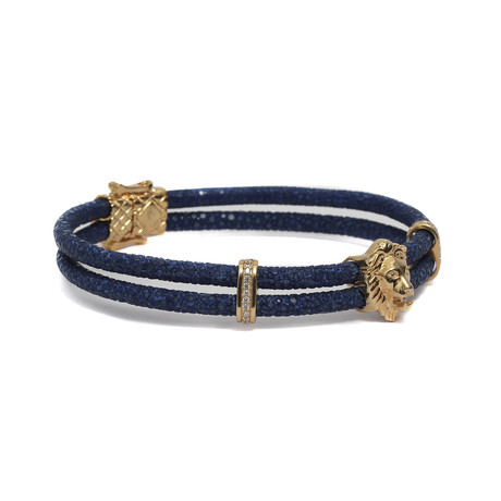 Royal Lion In Double Layered Exotic Leather Bracelet // Blue, Yellow (5")