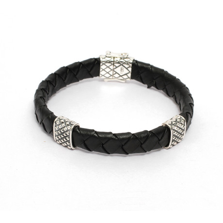 Mens Black Leather Bracelet in Double Diamond inspired details (5")