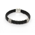 Mens Black Leather Bracelet in Double Diamond inspired details (7.5")