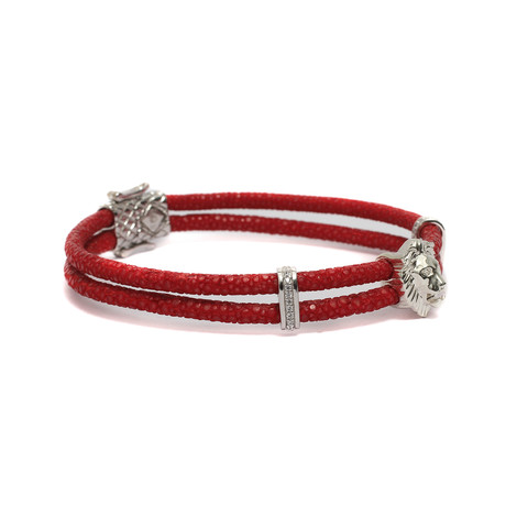 Royal Lion In Double Layered Exotic Leather Bracelet // Red, White (5")