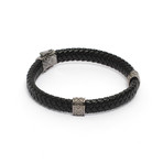 Mens Black Leather Bracelet with Two Tribal Art Motif (5")