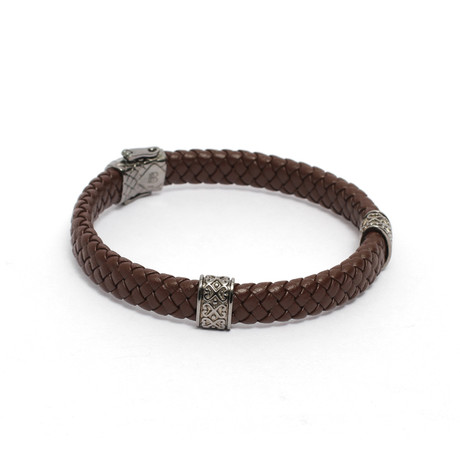 Mens Brown Leather Bracelet with Two Tribal Art Motif (5")