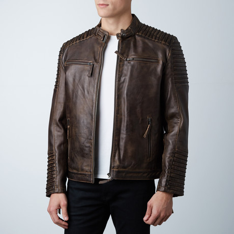 Painted Leather Double Zip Jacket // Brown (XS)