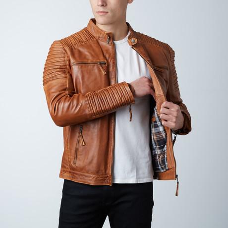 Painted Leather Double Zip Jacket // Tan (XS)