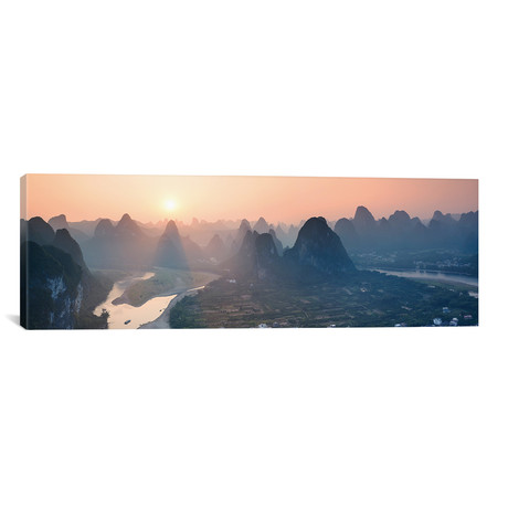 Panoramic Sunset Over Li River, China (36"W x 12"H x 0.75"D)