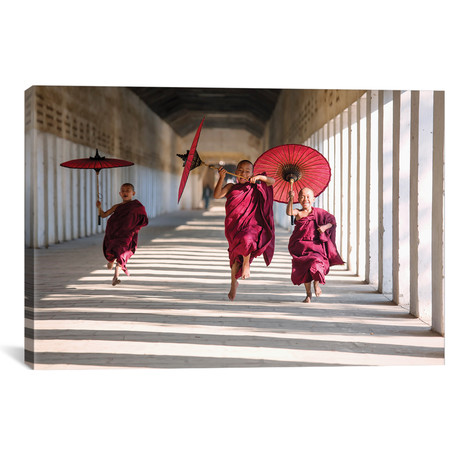 Three Monks Running, Burma (26"W x 18"H x 0.75"D)
