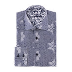 Petit Button-Up // Abstract Design Print Poplin // White + Navy (S)