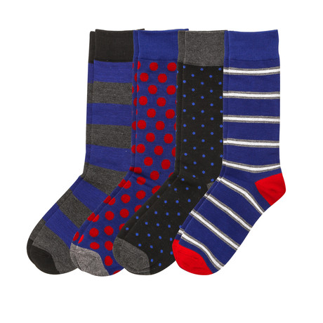 Dots + Stripes Sock // Blue + Red + Black // Pack of 4