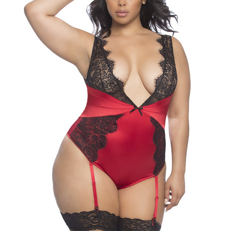 Arabella Satin And Lace Teddy // Red + Black // Plus (1X)