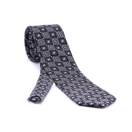 European Exclusive Silk Tie + Gift Box // Black with Silver Tiles Pattern