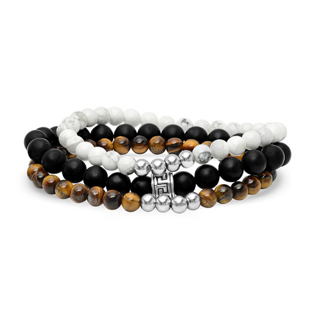 Lava + Tiger Eye Marble Beaded Bracelet + Stainless Steel Beads // Set of 3
