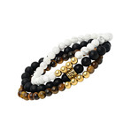 Lava + Tiger Eye Marble Beaded Bracelet + 18k Gold Plated Beads // Set of 3