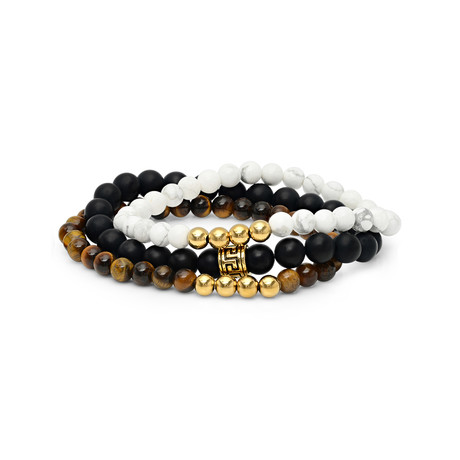 Lava + Tiger Eye Marble Beaded Bracelet + 18k Gold Plated Beads // Set of 3