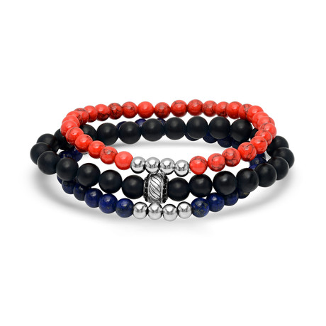 Lava + Agate + Lapis Beaded Bracelet + Stainless Steel Beads // Set of 3