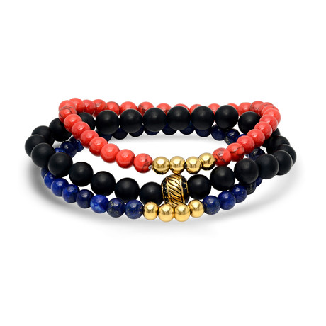 Lava + Agate + Lapis Beaded Bracelet + 18k Gold Plated Beads // Set of 3