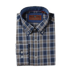 Woven Button Down Shirt // Blue + Tan Plaid (L)