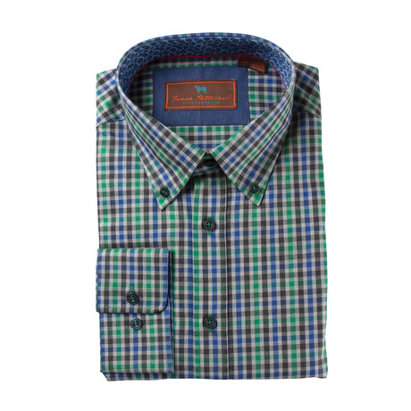 Woven Button Down Shirt // Green + Blue Mini Plaid (XS)