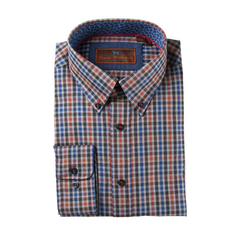 Woven Button Down Shirt // Orange + Navy (XS)