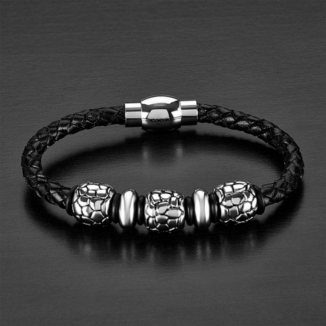 Braided Leather Bracelet + Stainless Steel Bead Accents // Black