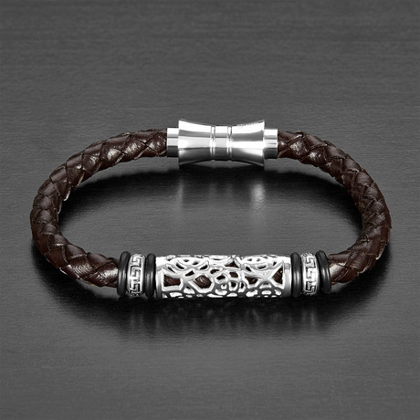 Braided Leather Bracelet + Stainless Steel Tribal Accent // Brown