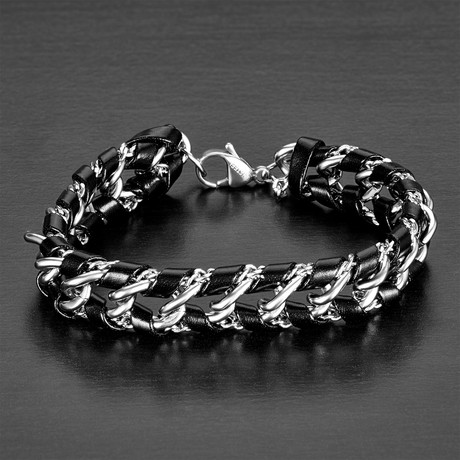 Twisted Leather Curb Style Bracelet // Black