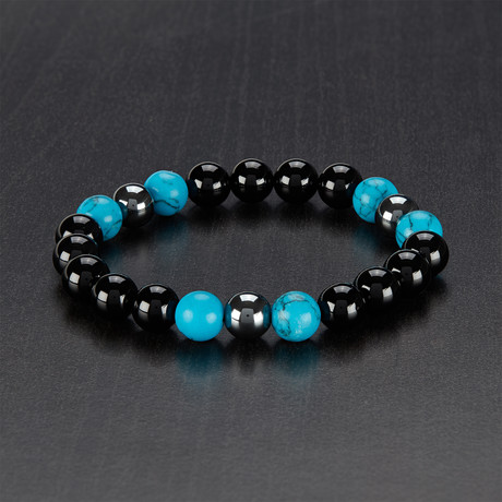 Turquoise Polished Bead Bracelet // Blue + Black + Grey