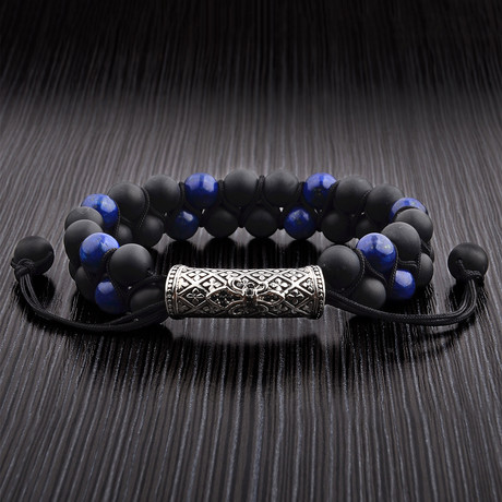 Onyx + Lapis Double Macrame Adjustable Bracelet + CZ Accent // Blue + Black + Silver