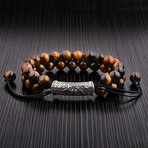 Tiger Eye Double Macrame Adjustable Bracelet + CZ Accent // Brown + Silver