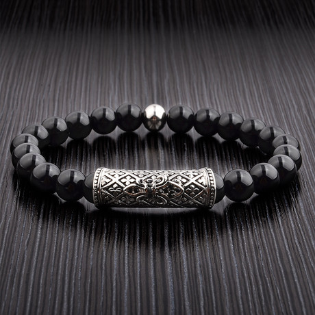 CZ Fleur de Lis + Onyx Natural Stone Bracelet // Black + Silver