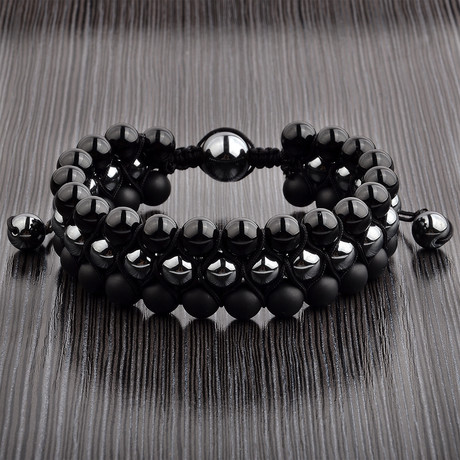 Triple Row Natural Hematite + Onyx Macrame Style Wrap Bracelet // Black