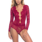 Renata Eyelash Lace Teddy // Rhubarb (S)