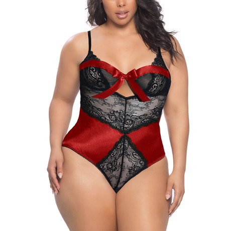 Satin Bow and Lace Teddy // Red + Black // Plus (1X/2X)